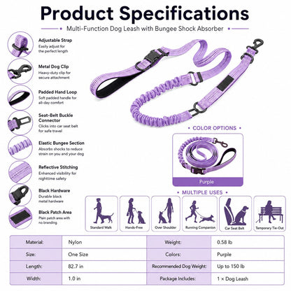 Ortekor Hands-Free Shock-Absorbing Dog Leash for Running, Walking & Car Travel - Bungee Leash Helps Reduce Pulling