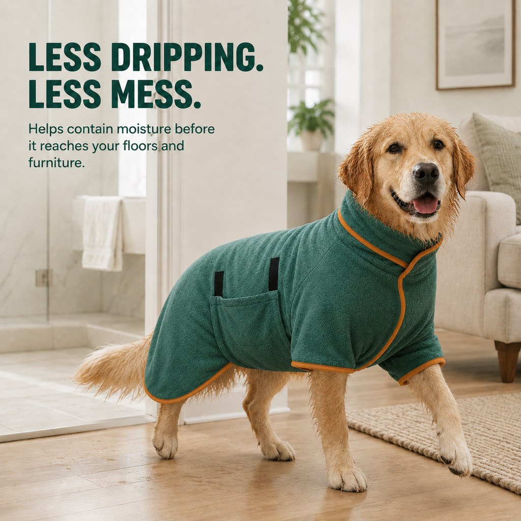 Ortekor Quick-Dry Microfiber Dog Bathrobe – Absorbent Drying Coat for Baths, Rain & Swimming to Help Reduce Wet-Dog Mess