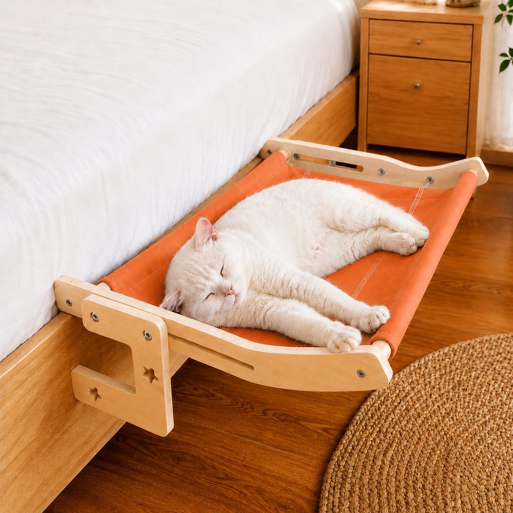 Ortekor Bedside Hanging Cat Hammock Bed - Space-Saving Elevated Cat Lounge for Beds, Sofas & Windows