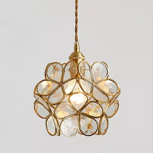 Floral Glass Hanging Light Fixture with Adjustable 59-Inch Cord E27 Socket Gold Brass Frame for Kitchen Table Bedroom Living Room Vintage-St