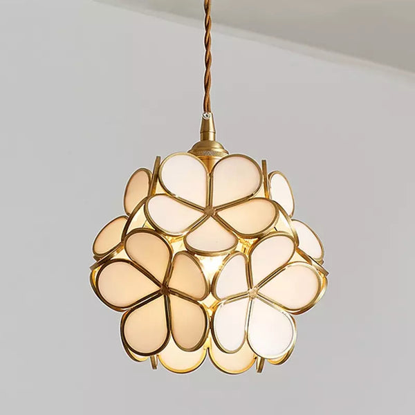 Floral Glass Hanging Light Fixture with Adjustable 59-Inch Cord E27 Socket Gold Brass Frame for Kitchen Table Bedroom Living Room Vintage-St