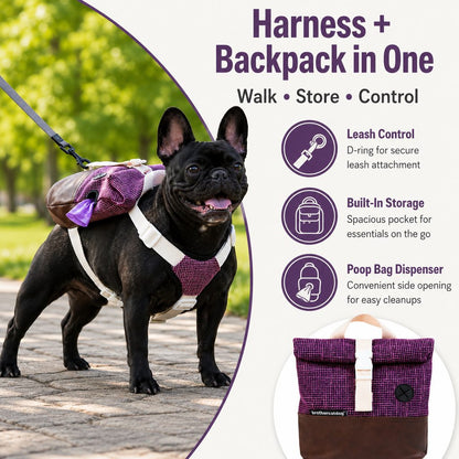 Ortekor Frenchie Adventure Backpack Harness for Daily Walks - Carry Poop Bags, Treats & Keys Without Neck Pulling