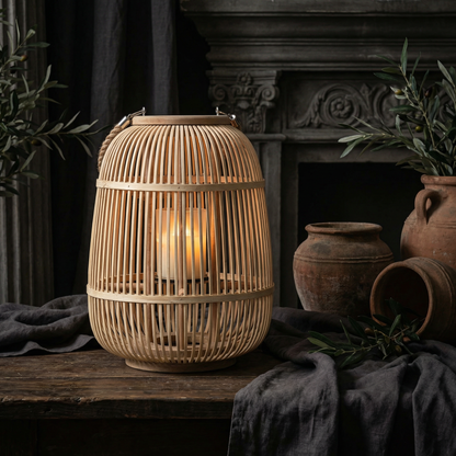 Battery-Operated Woven Lantern with LED Flameless Candle for Patio Gardens Tabletop Hanging Decor Cordless Indoor Outdoor Accent Light