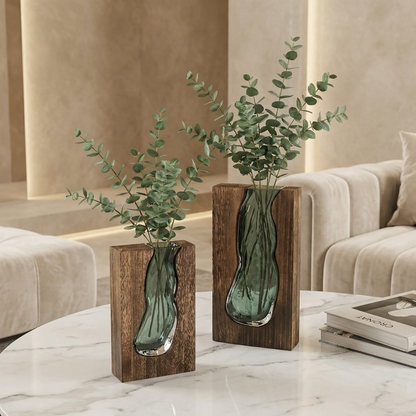 Glass Tube Vase with Natural Wood Base Holder for Fresh Flowers & Dried Stems | Scandinavian Modern Tabletop Centerpiece Decor for Living Ro