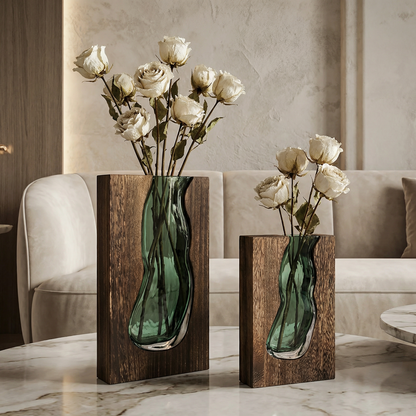 Crystal Glass Flower Vase with Organic Wood-Style Edge for Dining Room & Console Tables | Rustic Sculptural Accent