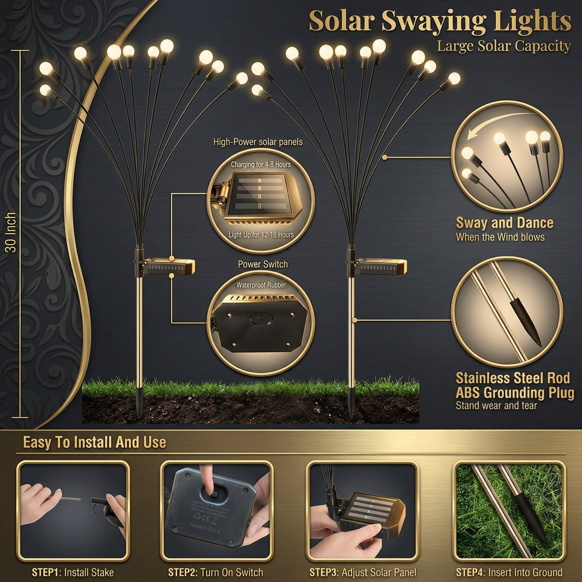 Motion-Activated Pathway Lights Outdoor Solar Powered LED Stakes Garden Yard Decor Dancing Landscape Illumination for Walkways Driveways Flo