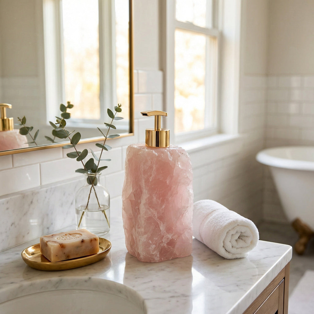 Natural Gemstone Liquid Soap Pump for Bathroom Vanity Countertop Decor Rose Quartz White Crystal Handcrafted Stone Dispenser for Kitchen Sin