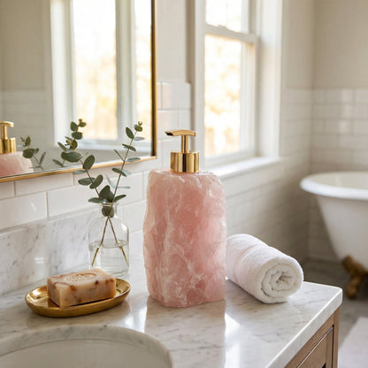 Gemstone Pump Bottle 6 Inches Tall Genuine Crystal Countertop Accent Powder Room Accessory Artisan Made Stone Dispenser for Liquid Hand Wash