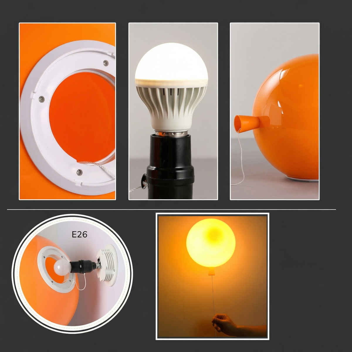 Spherical LED Wall & Ceiling Fixture with Pull Chain in Red Blue Yellow Green Orange White Small Medium Large for Bedroom Playroom Hallway K