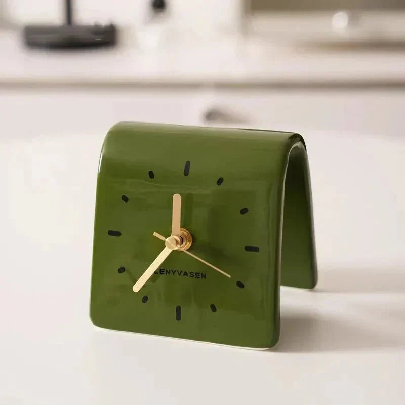 Ceramic Tabletop Clock Silent Quartz Movement 4.8 Inch Rounded Minimalist Timepiece for Bedroom Nightstand Office Desk Home Decor Battery Op