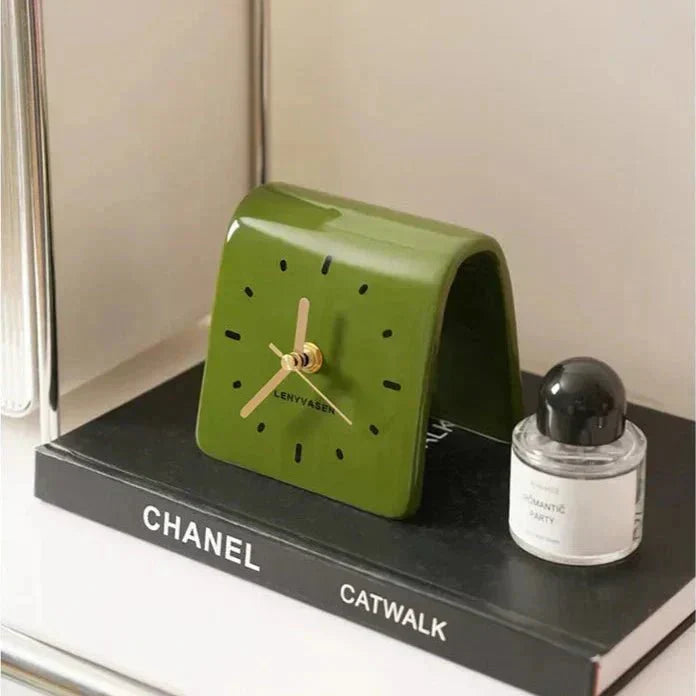 Ceramic Tabletop Clock Silent Quartz Movement 4.8 Inch Rounded Minimalist Timepiece for Bedroom Nightstand Office Desk Home Decor Battery Op