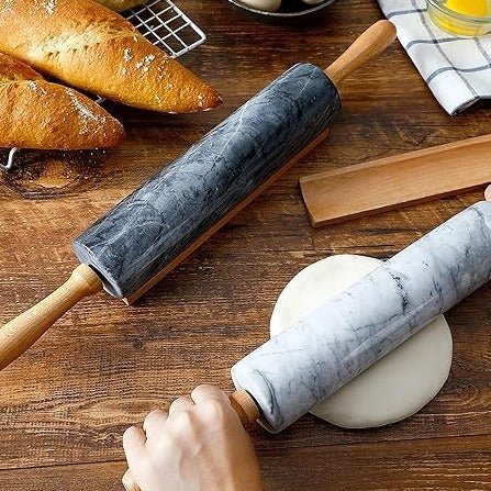 Marble-Effect Dough Roller with Wooden Handles 19 Inches Black for Pizza Pastry Cookies Bread Baking Kitchen Tool Comfortable Grip Even Roll