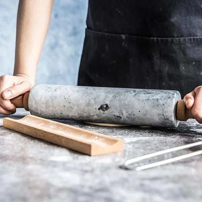 Marble-Effect Dough Roller with Wooden Handles 19 Inches Black for Pizza Pastry Cookies Bread Baking Kitchen Tool Comfortable Grip Even Roll