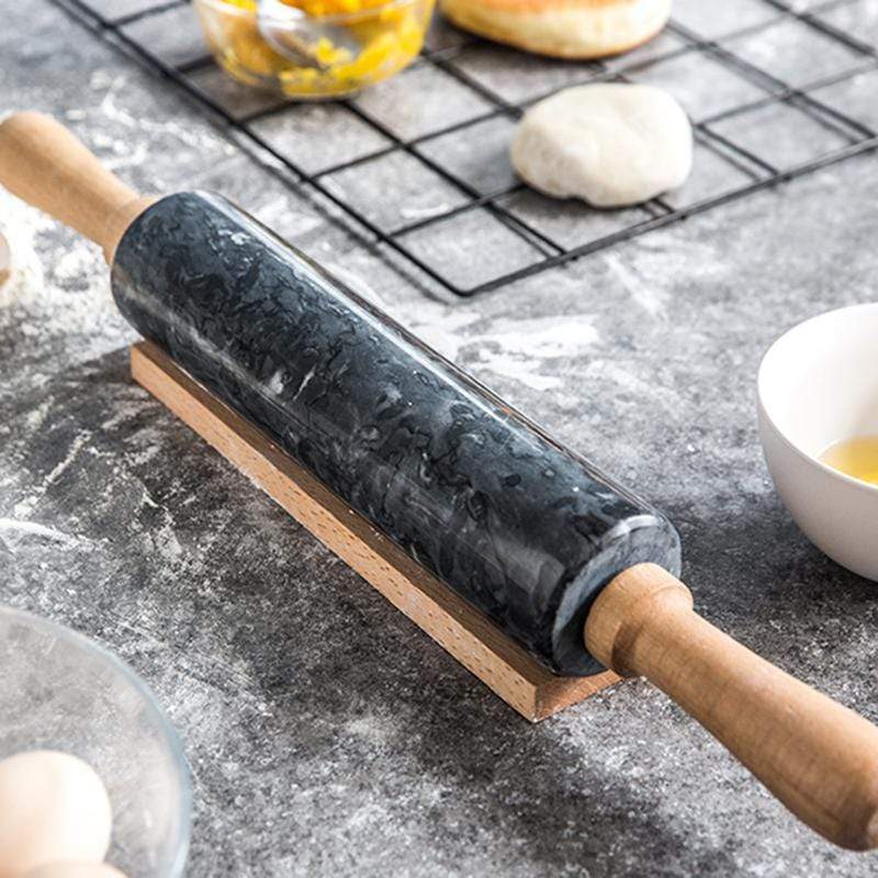 Marble-Effect Dough Roller with Wooden Handles 19 Inches Black for Pizza Pastry Cookies Bread Baking Kitchen Tool Comfortable Grip Even Roll