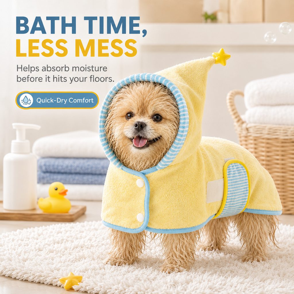 Ortekor Hooded Pet Drying Robe for Dogs & Cats - Fast Absorbent Wearable Towel for Bath, Rain & Swim to Keep Pets Dry, Warm & Home Clean