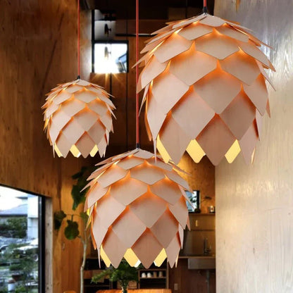 Oak Wood Pendant Light with Crystal Accents and Adjustable Cord for Dining Room, Bar, Living Room