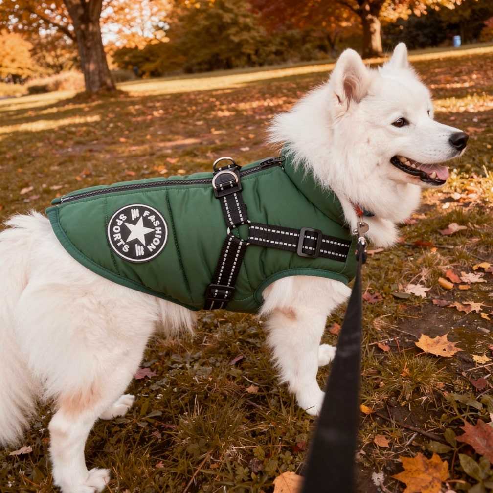 Insulated Dog Coat with Built-In Harness – Water-Resistant Winter Jacket for Dogs, Reflective Trim