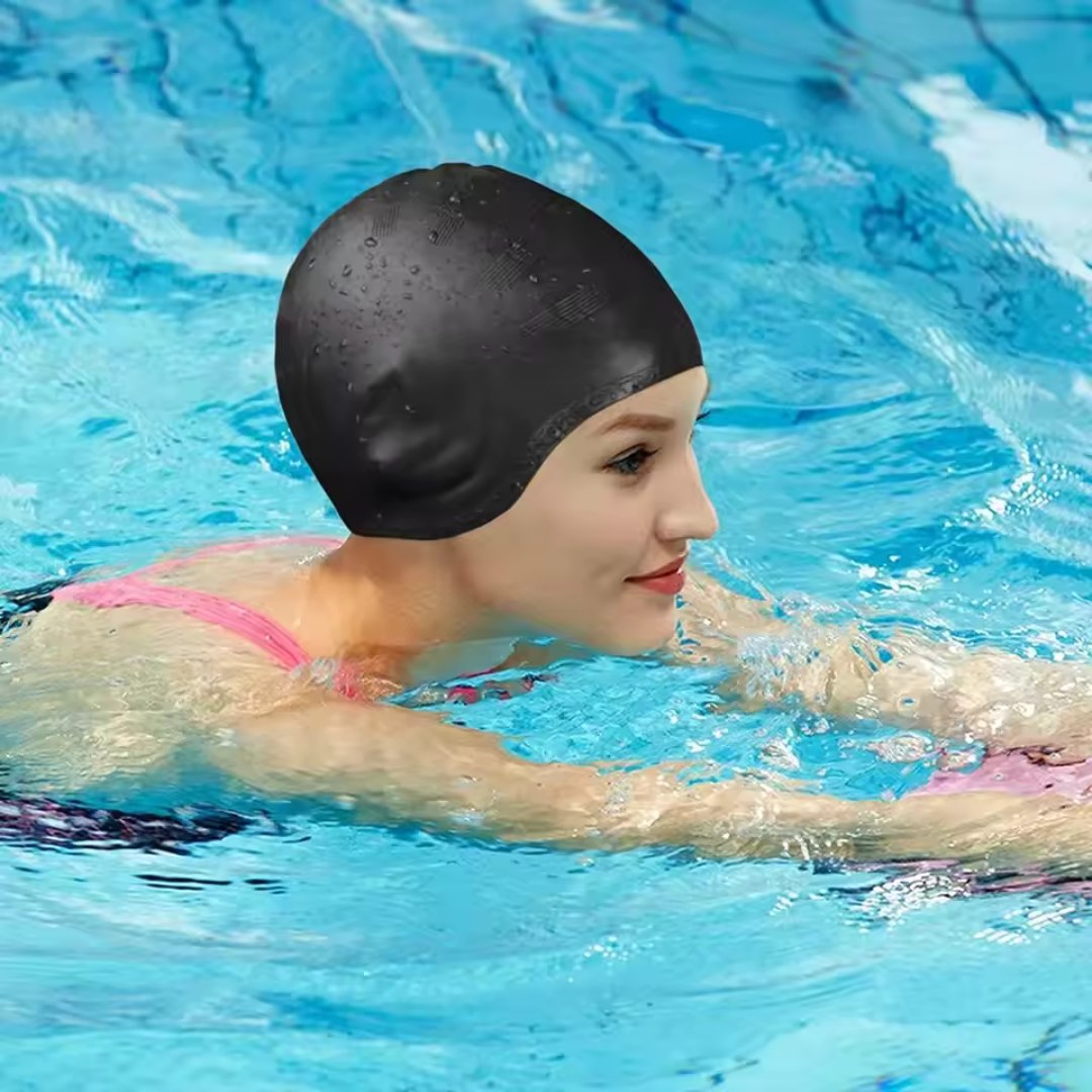 Silicone Swim Cap with Ear Pockets for Long Hair Protection – Waterproof Pool Cap for Women Men Kids Competitive Training Lap Swimming