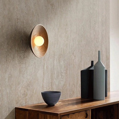 Sconce Light with Glass Globe and Wood Base for Bedrooms, Hallways, Living Rooms – 10.6 in Round Ambient Fixture – Scandinavian Minimalist J