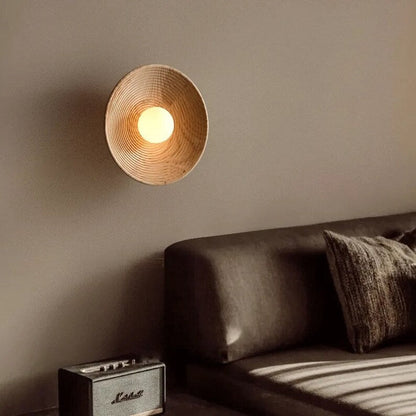 Sconce Light with Glass Globe and Wood Base for Bedrooms, Hallways, Living Rooms – 10.6 in Round Ambient Fixture – Scandinavian Minimalist J
