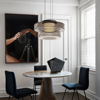 Stacked Glass Shade Ceiling Fixture 18 in Diameter Adjustable Height 12W Warm LED Kitchen Island Dining Room Modern Sculptural Hanging Light