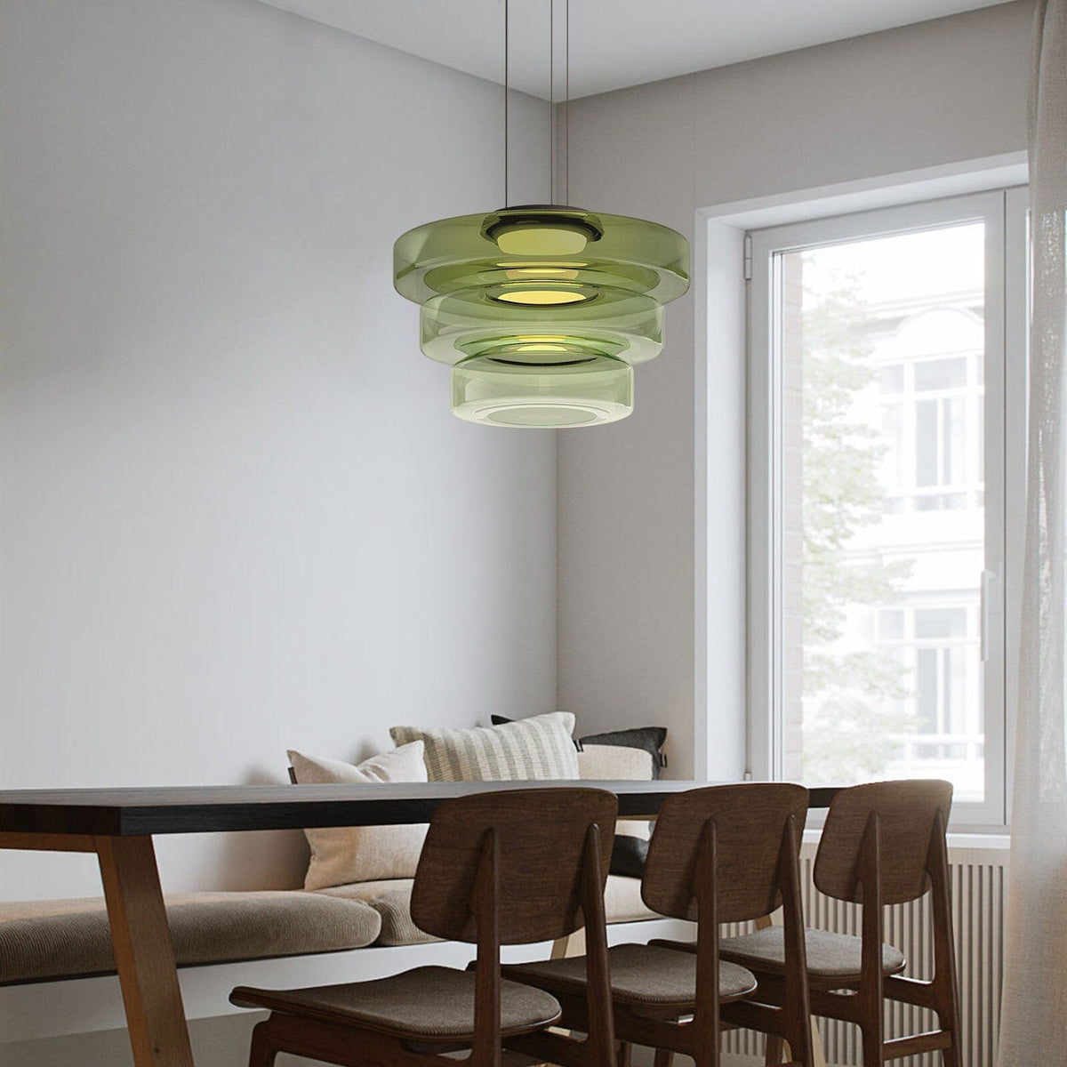 Stacked Glass Shade Ceiling Fixture 18 in Diameter Adjustable Height 12W Warm LED Kitchen Island Dining Room Modern Sculptural Hanging Light