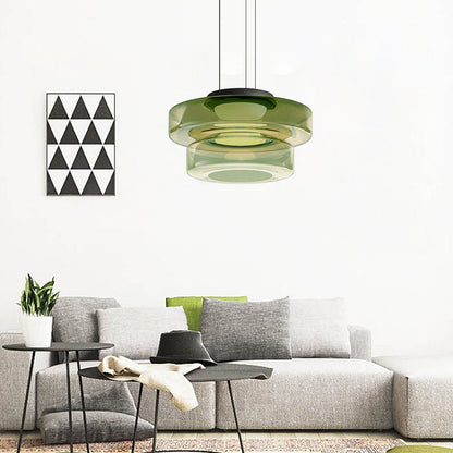 Tiered Glass Hanging Fixture 18 in Amber with Integrated LED for Island Kitchens Dining Areas Living Spaces Modern Minimalist Bauhaus-Inspir