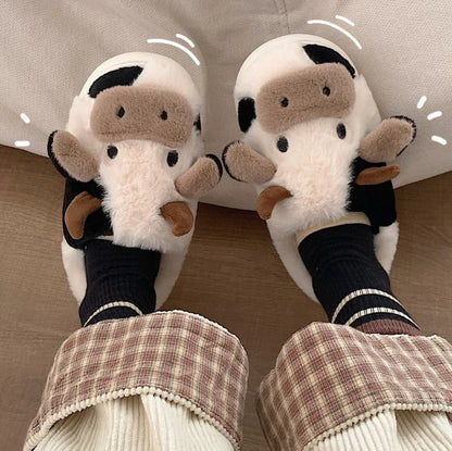 Women's Plush Cow House Slippers with Non-Slip Sole – Cozy Animal Design Indoor Footwear for Fall & Winter