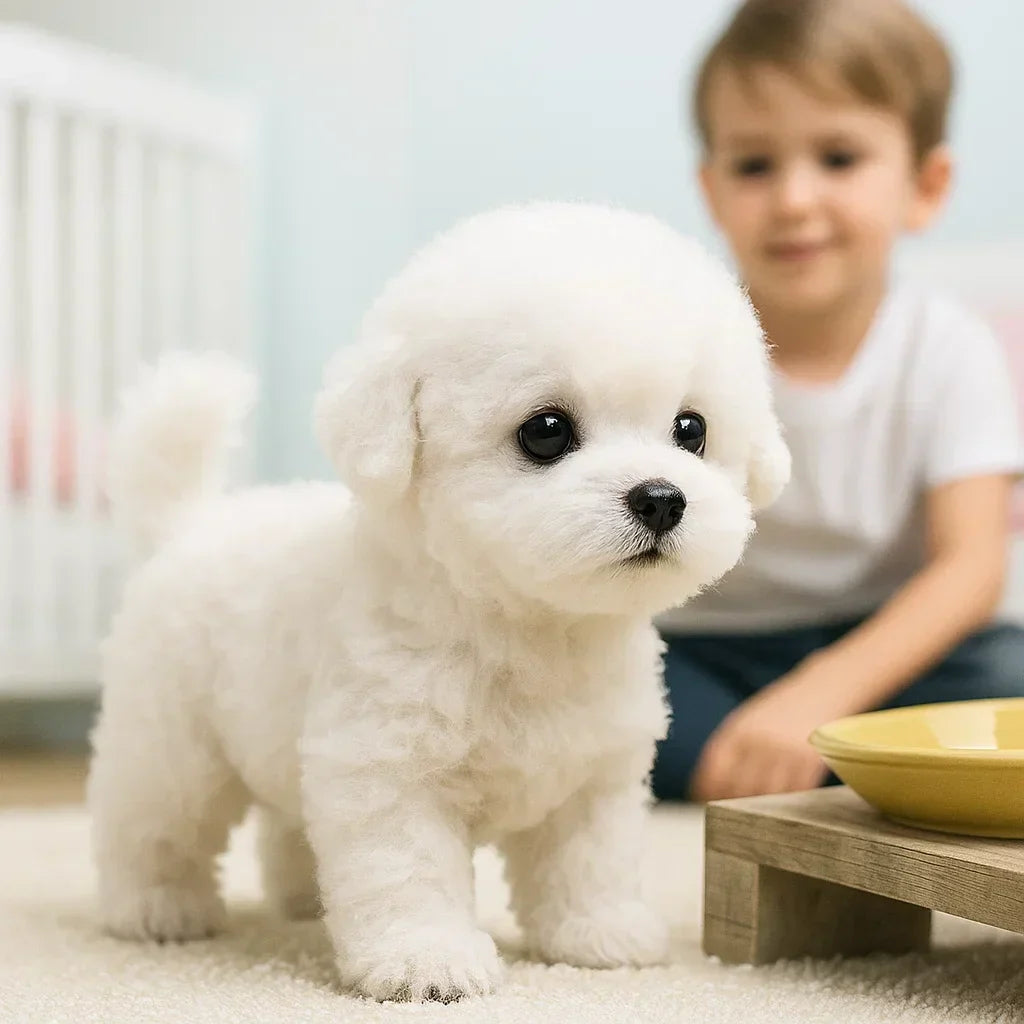 Plush Electronic Puppy Toy with Motion Sensors and Bark Sounds for Kids Bedroom Play White Brown Realistic Walking Pet Alternative Gift for