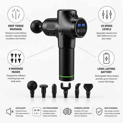 20-Speed Deep-Tissue Percussion Massage Gun (6 Interchangeable Heads)
