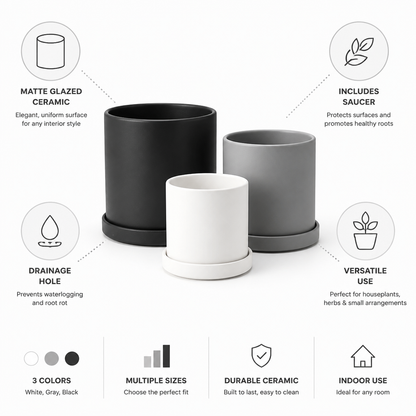 Matte Glazed Ceramic Indoor Plant Pot (Drainage Hole & Saucer)