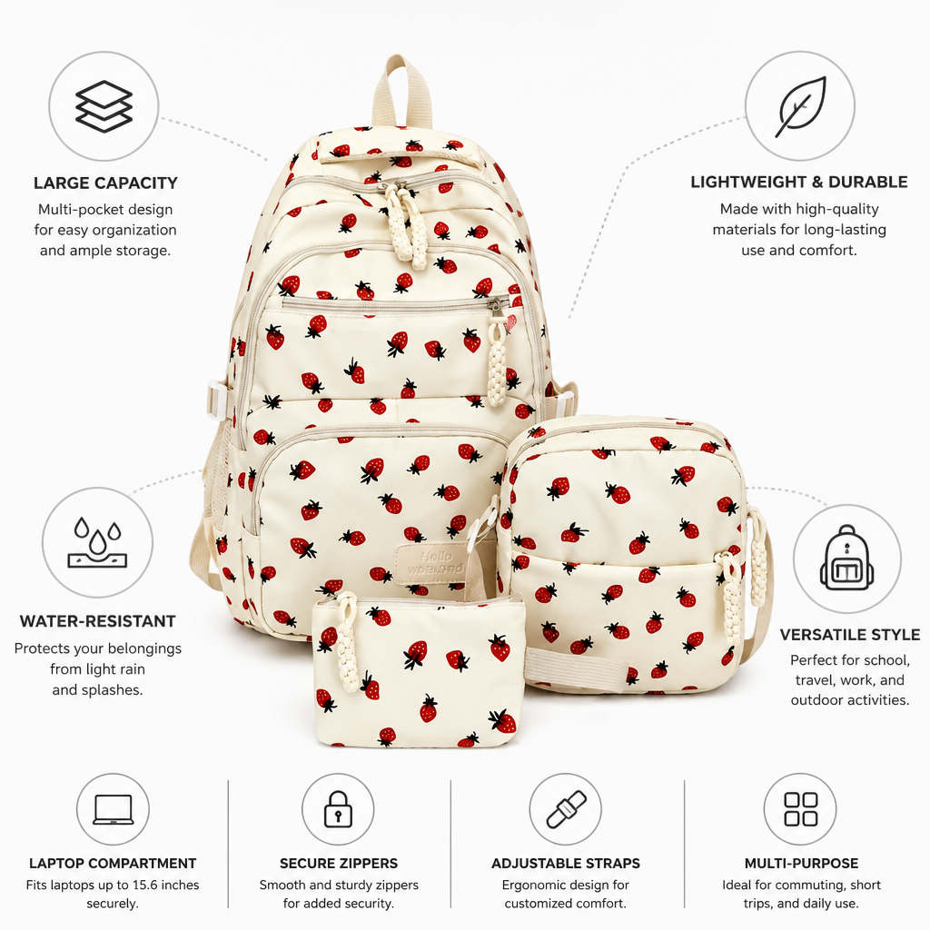 Strawberry-Print Large-Capacity Backpack