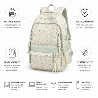 Machine-Washable Floral Print School Backpack