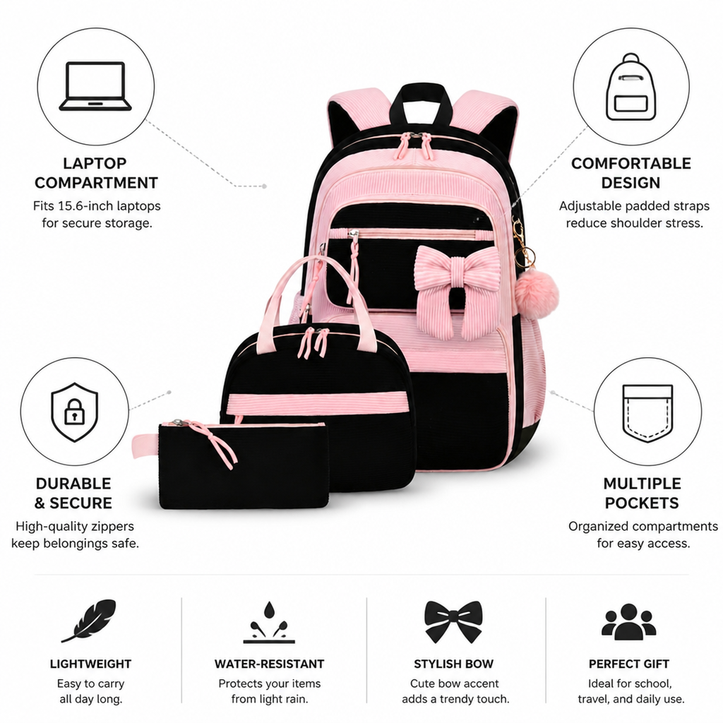 Corduroy Laptop-Ready Backpack Set (Set of 3)