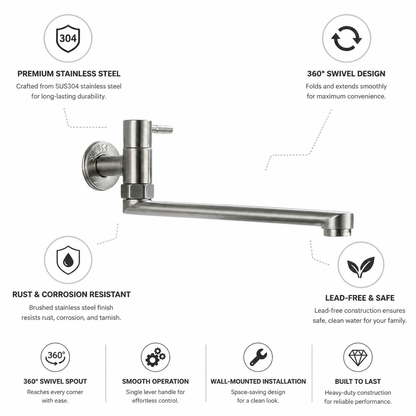 Sleek Design | Pot Filler Faucet with Low-Profile Swivel Spout | Stainless Steel for Convenient Kitchen Use