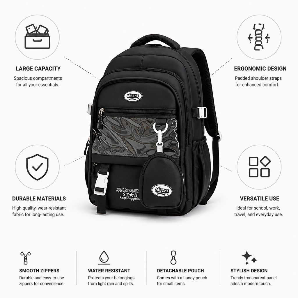 Transparent Front Panel & Padded Shoulder Straps School Backpack