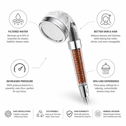 Mineral Filtration & Pressure-Boost Shower Head (3 Spray Modes)