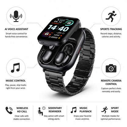 HD Touchscreen Smartwatch With Integrated Wireless Earbuds