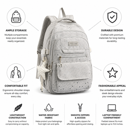 Star-Embellished Multi-Compartment School Backpack
