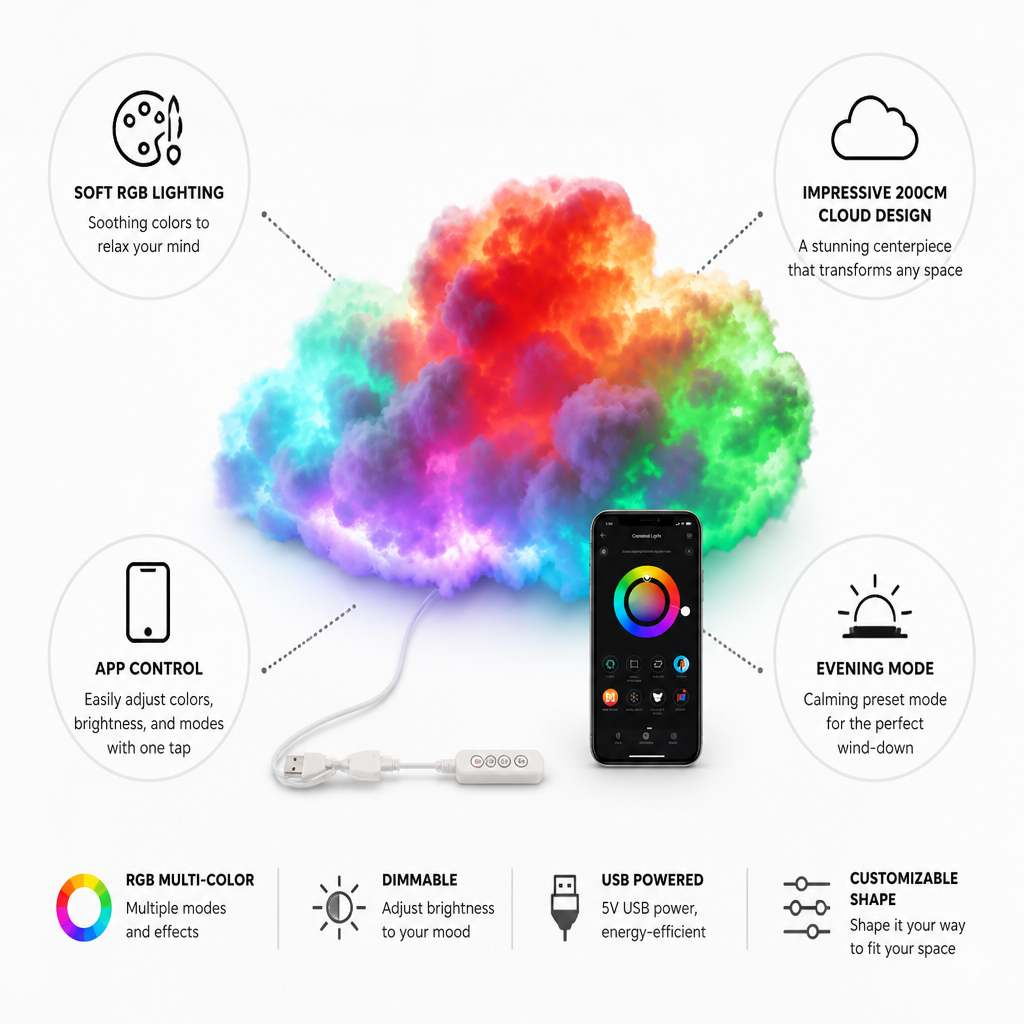 RGB LED Light Cloud Lamp with App Control, Smart LED Lamp for Ambient Lighting, DIY Mood Lighting for Room Decor