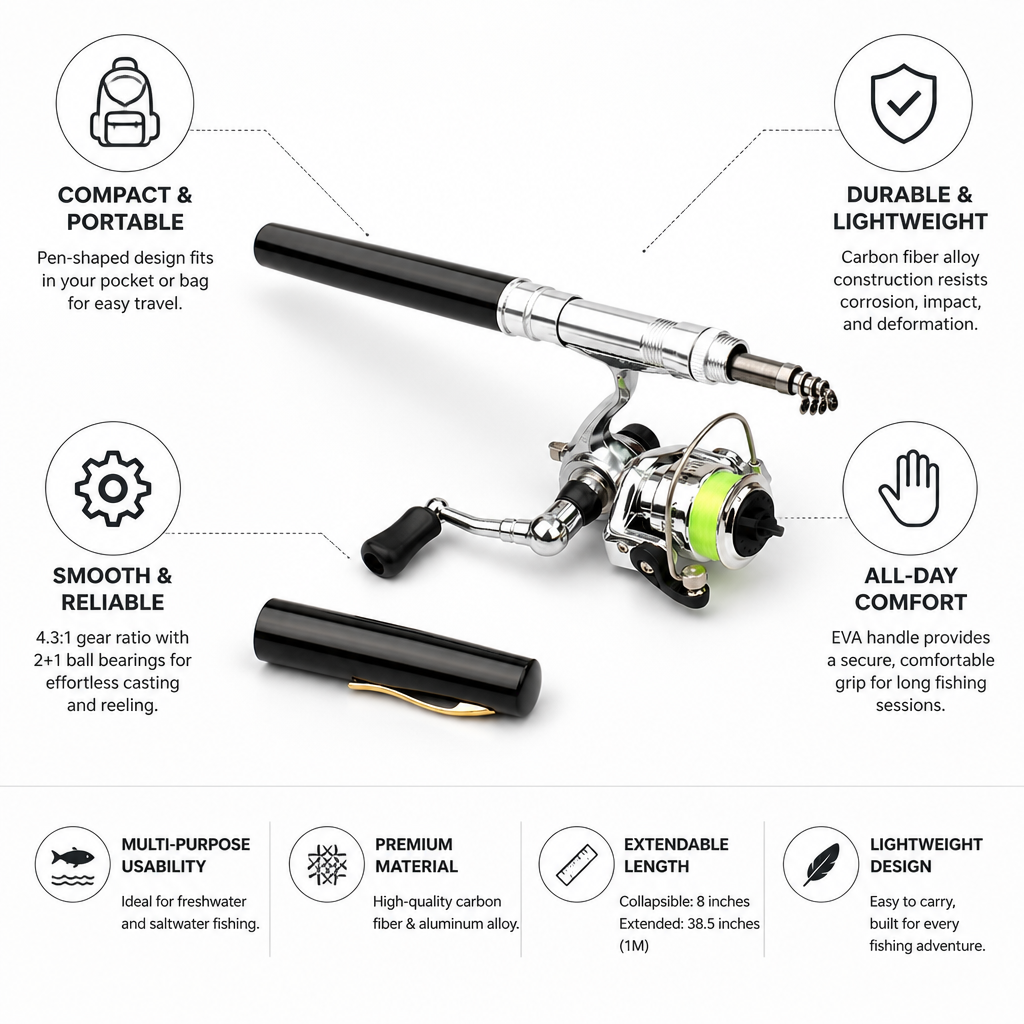 Compact Fishing Rod | Telescopic Fishing Pole with Lightweight Design | Perfect for Easy Transport and Hassle-Free Fishing