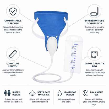 Wearable Urine Collector | Adjustable Waist & Leg Straps with Diversion Tube for Comfortable Use