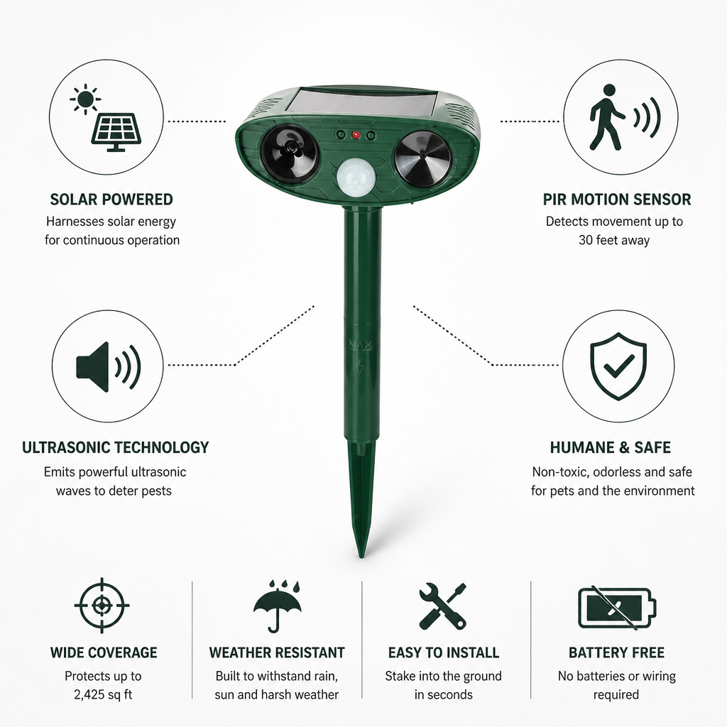 EcoGuard | Ultrasonic Chipmunk Repeller with Solar Power & Motion Sensor | 2425 sq ft Coverage for Safe Pest Control