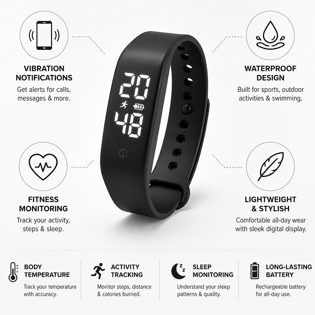 Fitness Tracker | Waterproof Smartwatch with Activity & Temperature Monitoring | Adjustable Band for Daily Health Management