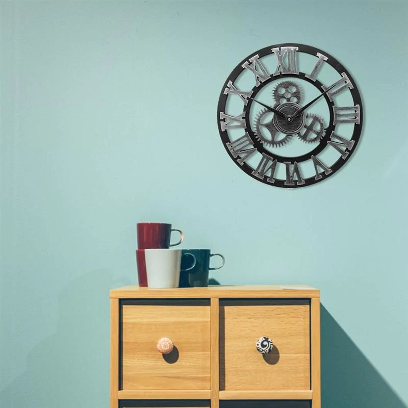 Vintage Industrial Wall Clock Analog Gear Design Metal Round Home Decor for Kitchen Living Room Office Steampunk Style