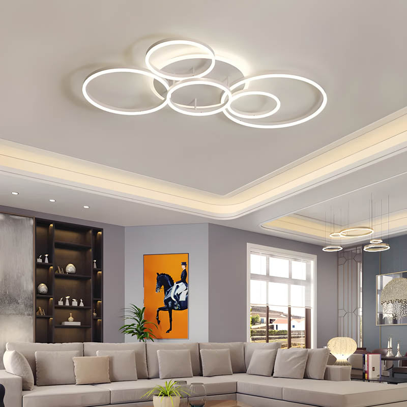 Multi-Ring LED Flush Mount Fixture Black Aluminum 39 in Contemporary Overhead Light for Bedroom Living Room Dining Area Integrated Lighting