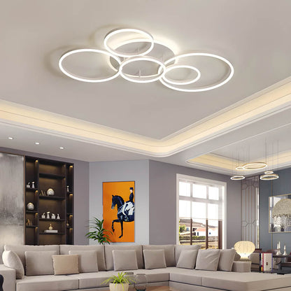 Multi-Ring LED Flush Mount Fixture Black Aluminum 39 in Contemporary Overhead Light for Bedroom Living Room Dining Area Integrated Lighting