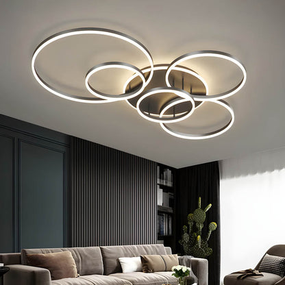 Multi-Ring LED Flush Mount Fixture Black Aluminum 39 in Contemporary Overhead Light for Bedroom Living Room Dining Area Integrated Lighting