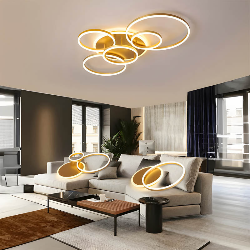 Multi-Ring LED Flush Mount Fixture Black Aluminum 39 in Contemporary Overhead Light for Bedroom Living Room Dining Area Integrated Lighting