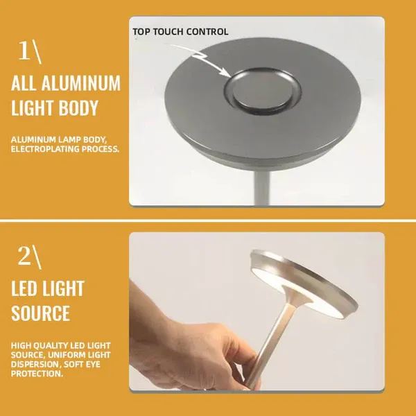 Rechargeable LED Table Lamp Touch Control 4 Brightness Levels Waterproof IP66 Metal Portable Battery Operated for Bedroom Living Room